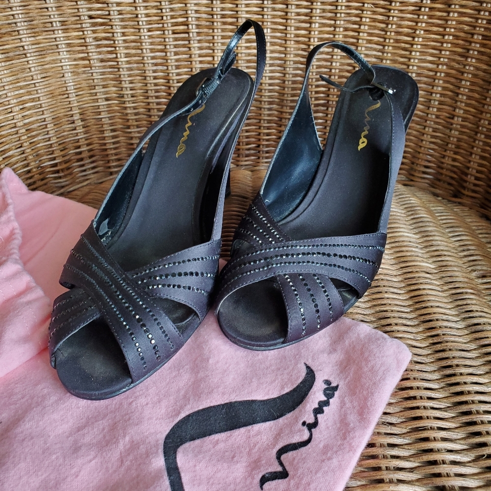 Nina Camille Black Satin Rhinestone Sandals